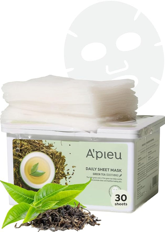 A'PIEU Daily Sheet Mask (Green Tea) - Moisturizing Korean Face Masks, 30-day supply, Lyocell fabric for comfort, Saturated with Green Tea Extract Essence