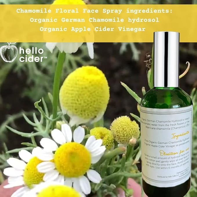 Chamomile HYDROSOL FACE Toner - Organic Floral Water to Hydrate, Calm & Sooth Sensitive Skin, Prevent Acnes, Restore pH All Skin Types & Children. USA Made - Hello Cider