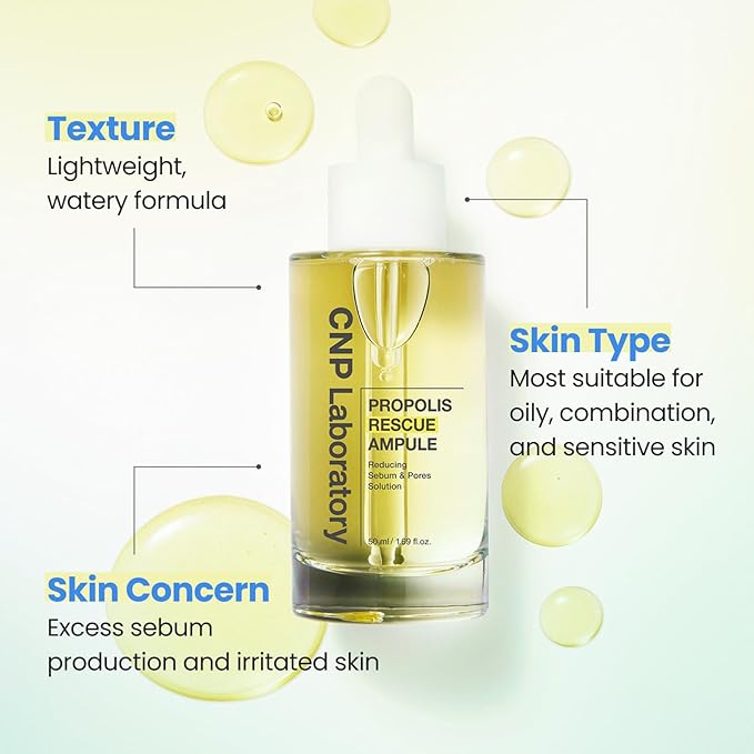 CNP Rescue+Propolis Serum - Redness Relief Serum with Niacinamide & IP-BHA, Soothing, Hydrating, Minimizing Pores, for Oily & Sensitive Skin, Lightweight Essence for Glass Skin, Korean Skin Care