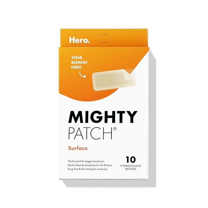 Mighty Patch Hero Cosmetics Surface Patch - Large Hydrocolloid Spot Patch for Body, Cheek, Forehead, and Chin (10 Count)