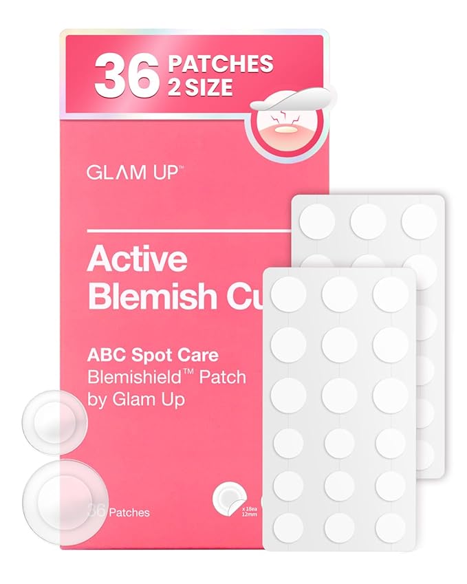GLAM UP Hydrocolloid Blemish Pimple Zit Patches - Invisible Ultra Thin Spot Cover Stickers for Face and Skin, Strong Water-proof and Adhesive Overnight, Vegan-friendly (36 Count / 2 Sizes)