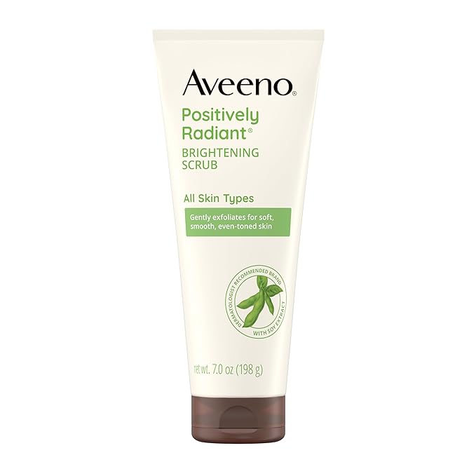 Aveeno Positively Radiant Brightening Face Scrub & Exfoliating Daily Face Wash, Moisture-Rich Soy Extract, Oil-Free, Soap-Free, Hypoallergenic, Non-Comedogenic, Improves Tone & Texture, 7 oz