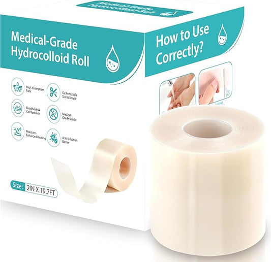 Hydrocolloid Bandages Roll 2" × 19.7' – Hydrocolloid Roll for Wound Care, Hydrocolloid Patch Large, Hydrocolloid Gel Bandages Hydrocolloid Dressing with Self-Adhesive, DIY Size Shape First Aid Kit