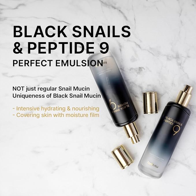 FARMSTAY Black Snail & Peptide 9 Perfect Emulsion, Snail Mucin Moisturizer for Elastic & Glow Skin, Hydrating & Soften, Anti-aging, Skin Barrier Repair, for Women & Men, Korean Skin Care, 4.05 fl.oz