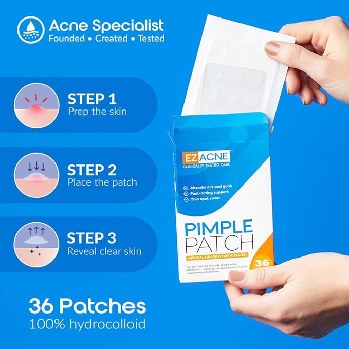 EZACNE™ Pimple Patches for Face - Thin Medical-Grade Hydrocolloid Acne Patches for Zits and Blemishes, Spot Treatment Stickers for Face and Skin, Tapered Edges to Blend Into Skin (36 Count)