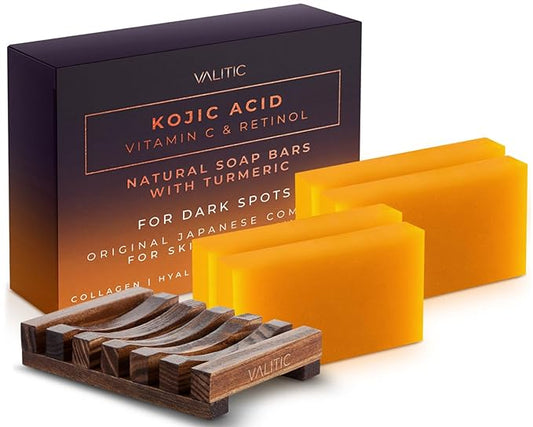 VALITIC Kojic Acid Vitamin C and Retinol Soap Bars with Turmeric for Dark Spot - Original Japanese Complex with Collagen, Hyaluronic Acid, Vitamin E (4 Pack) - with Soap Holder