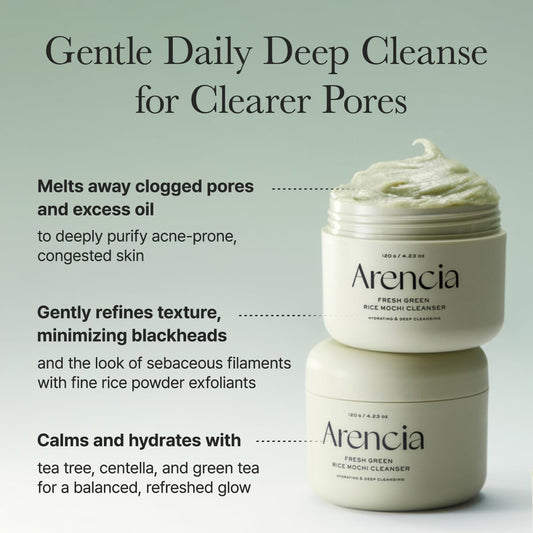 Arencia Korean Rice Mochi Face Cleanser - Face Mask, Foaming Cleanser, Gentle Scrub All in One - Deep Cleansing, Moisturizing, Pore Minimizing, Removing Blackhead- with Rice Water & Green Tea, Mugwort
