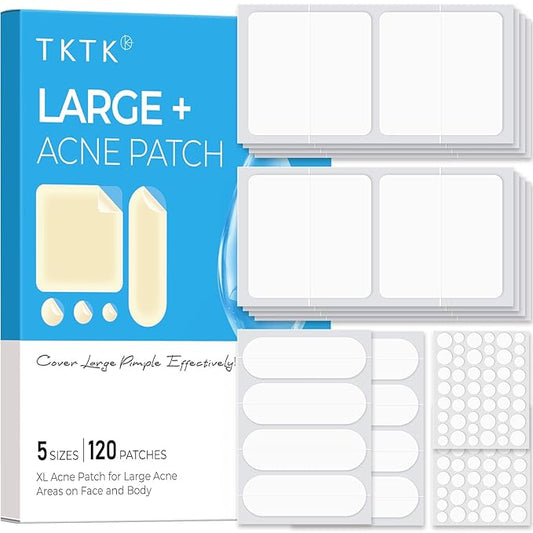 TKTK Hydrocolloid Bandages, 45 x 45 mm Large Pimple Patches for Face, XL Acne Patches for Body, Back, Forehead, Cheek Zit Breakouts, Big Hydrocolloid Patch (Square, Strip, Dot 5 Sizes 120 Count)