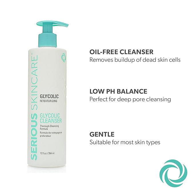 Serious Skincare Glycolic Cleanser - Skin Exfoliating Face Wash - 10% Glycolic Acid - Deep Pore Purifying - Removes Makeup, Oil, Blackheads and Impurities - Shave Prep - Anti-Aging 12 Fl. Oz.