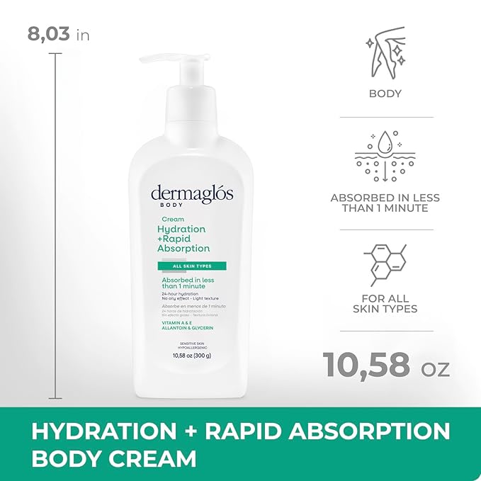 Dermaglos Moisturizing Body Cream | Hydration + Rapid Absorption, 24Hour Duration | Daily moisturizer For all Skin Types Even Sensitive | With Vitamin A, Vitamin E, Allantoin, Glycerin | 10.58 Oz