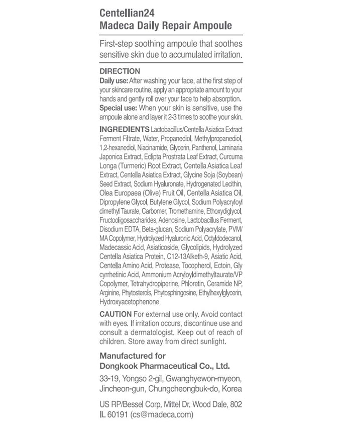 Centellian 24 Madeca Daily Repair Ampoule (Daily Soothing, 1.69fl oz) - Soothing & Hydrating Facial Serum for Sensitive Skin, Skin Barrier Repair & Fast Absorption, Korean Skin Care