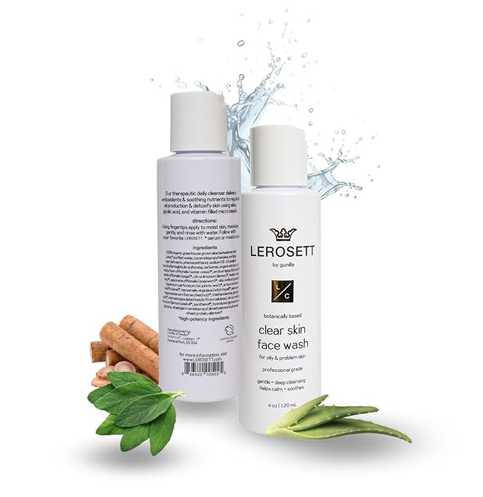LEROSETT® Clear Skin Face Wash – Gentle Gel Cleanser with 60% Aloe-Rich Botanicals, 4% Glycolic Acid & Vit-E Microbeads – Fights Breakouts, Unclogs Pores, Balances Oil – Spa-Grade, Vegan – 4oz