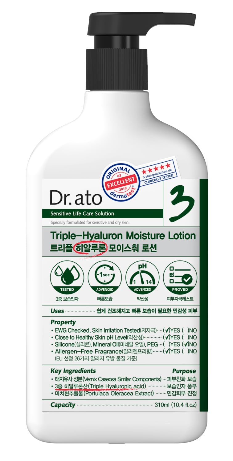 Dr. ato Rapid Moisturizing Daily Lotion for Body & Face with Triple Hyaluronic Acid, Vegan, Korean Skincare (10.4 Fl Oz)