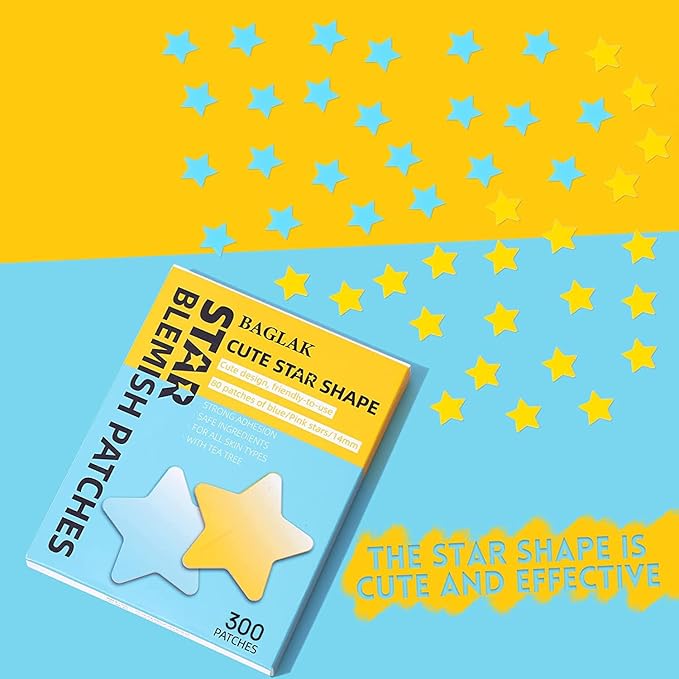Star Pimple Patches - 300 Patches Hydrocolloid Patches, Star Shape Spot Dots,Yellow & Blue Blemish Patch, Cute Face Stickers