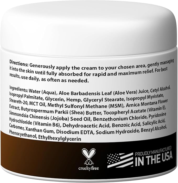 Hemp Relief Cream - Ideal for Arthritis, Neuropathy, Muscles, Joints, Neck, Back, Elbows, Hands, Feet, and Knees - Proudly Made in USA (3000mg)