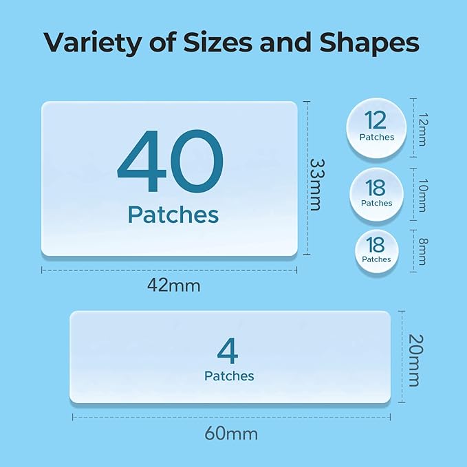 TKTK Large Pimple Patches (5 Sizes, 92 Patches), Hydrocolloid Acne Patches, XL Zit Patches for Face, Forehead, Chin, Nose, Body, Back, Chest, Rectangular, Square, and Dot Hydrocolloid Bandages
