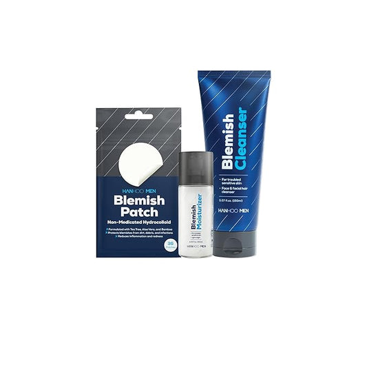 Hanhoo Men's Facial Care Kit, Blemish Cleanser 5.07 Fl. Oz., Blemish Moisturizer 2.02 Fl. Oz., Blemish Patch 36 Ct, with Bamboo, Hyaluronic Acid, and Green Tea, Men's Acne Skin Care Kit, Acne Regimen