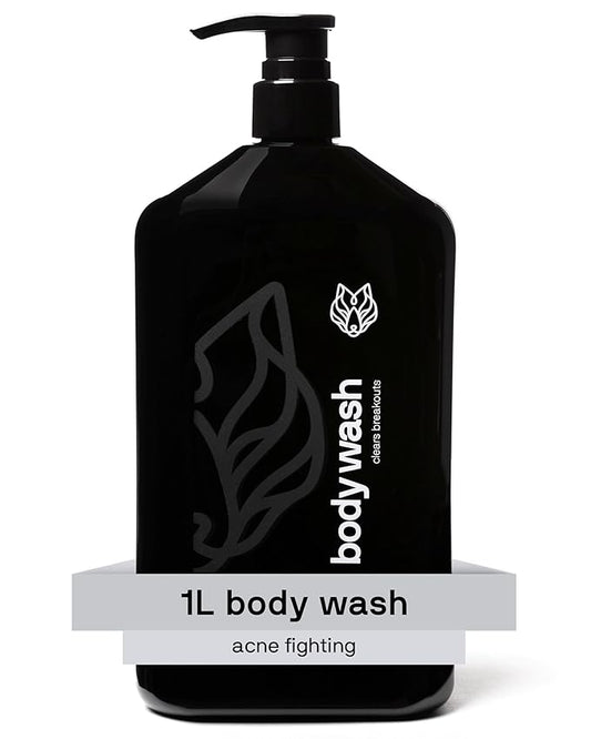 Black Wolf Salicylic Acid Body Wash for Men, 1 Liter - Acne Body Wash - Charcoal Helps Reduce Acne Breakouts & Cleanse Your Skin - Full Coverage & Deep Clean Treatment - Men's Bodywash