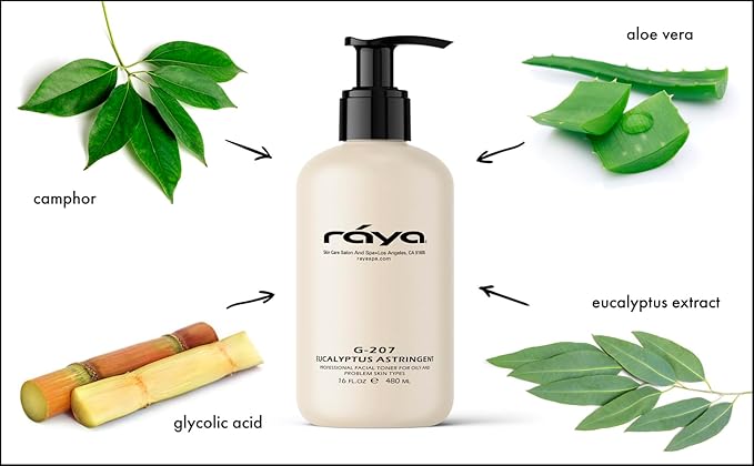RAYA Eucalyptus Astringent with AHA 16 oz (G-207) | Exfoliating Glycolic Facial Toner for Oily and Break-Out Skin | Helps Balance pH and Dry Up Blemishes | Made with Alpha Hydroxy Acids