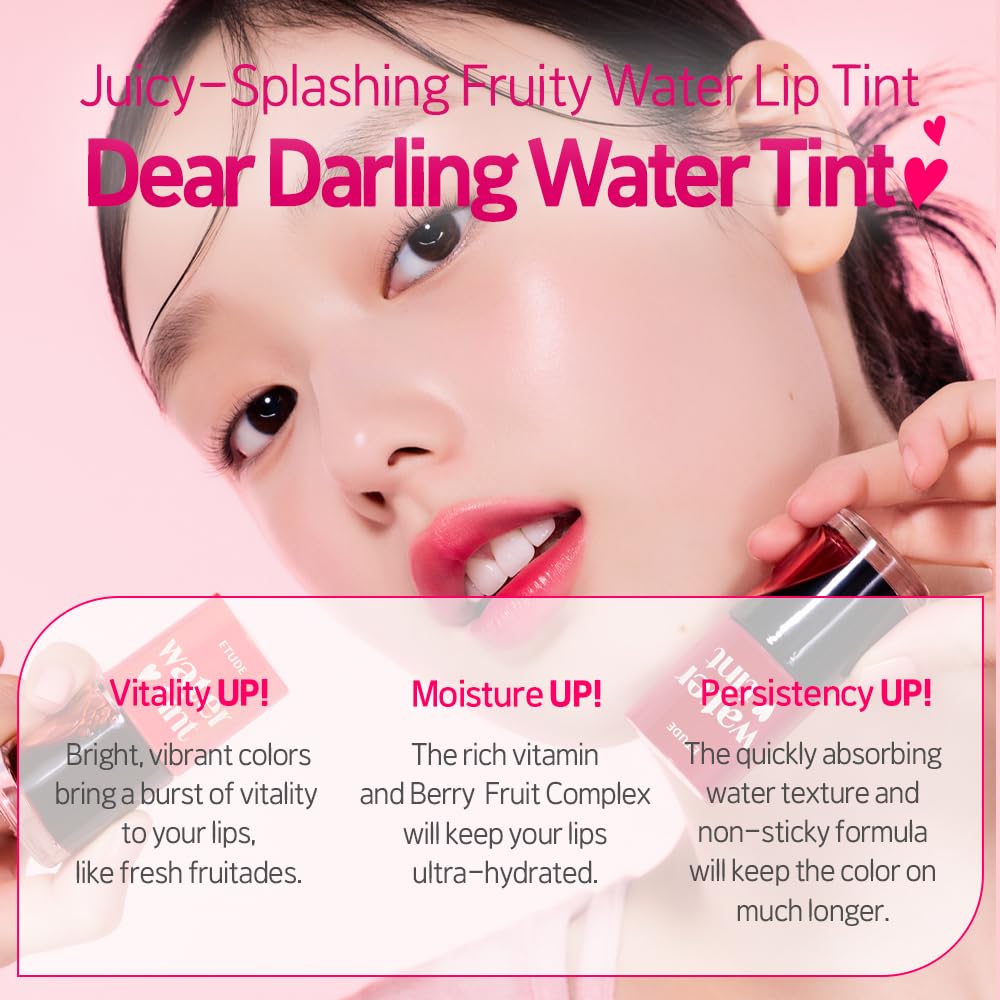 ETUDE Dear Darling Water Tint - Strawberry Ade (9g) | Vivid Color Lip Stain with Moisturizing Weightless & Non-sticky Finish Lip Stain | Smudge-proof Lip Tint | Korean Makeup, Kbeauty