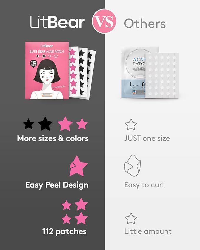 LitBear Star Pimple Patches, Black & Pink Hydrocolloid Acne Patch with Tea Tree Oil & Centella, Cute Pimple Stickers Zits Patch For Face Blemished Spot Patch Acne Dots, 112 Patches, 14mm & 10mm