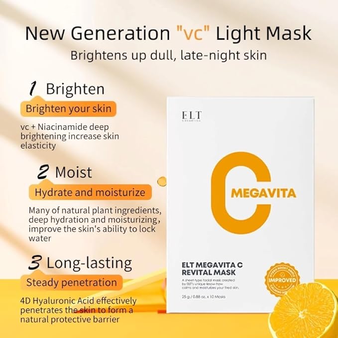 ELT Mega Vitamin C Sheet Mask, (25 g / 0.88 oz.) 10 EA Korean Face Mask, Brightening Sheet Mask, Soothing Facial Mask, Wrinkle Fighting, Deep Collagen Mask, Korean Skin care