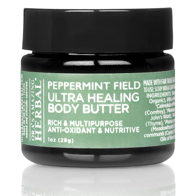 Ultra Healing Body Butter, Intensive Moisturizer For Dry Skin, Spearmint & Bergamot Essential Oil, Ora’s Amazing Herbal, 1 oz, Peppermint Field Scent