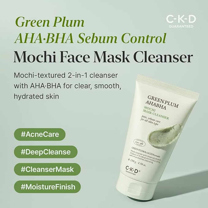 CKD Green Plum AHA·BHA Mochi Mask Face Cleanser - Dual-Action Makeup Remover and Daily Facial Wash with Controls Sebum, Tightens Pores, Removes Blackheads. All Skin Types. 4.58 oz