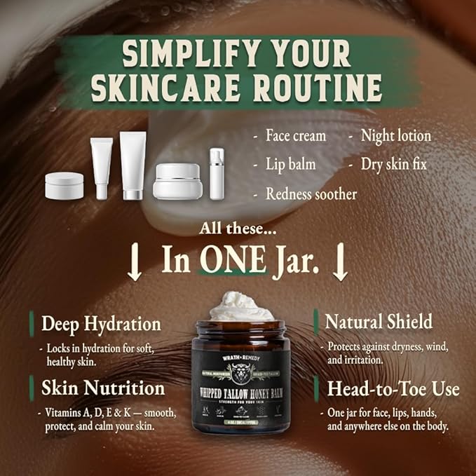 Wrath & Remedy Handmade Whipped Organic Beef Tallow for Skin - 4 OZ (Eucalyptus) — Grass Fed Beef Tallow Moisturizer and Honey Balm for Silky, Sensitive-Skin, Eczema, Rosacea - Free of Harsh Chemicals