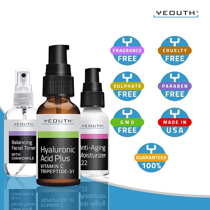 YEOUTH Skin Care Set: Hyaluronic Acid Serum with Vitamin C, Face Toner, Face Moisturizer, Skincare Kit for Hydrating and Smooth Looking Skin, Facial Kit 3-Piece