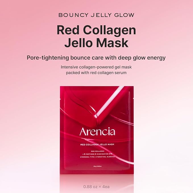 Red Collagen Jello Mask, Plump & Hydrating x 4ea, Overnight Hydrogel Mask for Dry, Mature Skin, Packed with Collagen, 5 Peptides, 2% Niacinamide