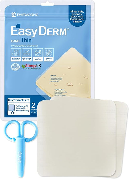 Easyderm Thin Hydrocolloid Large Wound Dressing 4”x4” 1 Pack (2 Dressings) | Waterproof, Latex-Free, Highly Absorbent Dressing for Burns, Blisters, Wound Healing with Mini Scissor