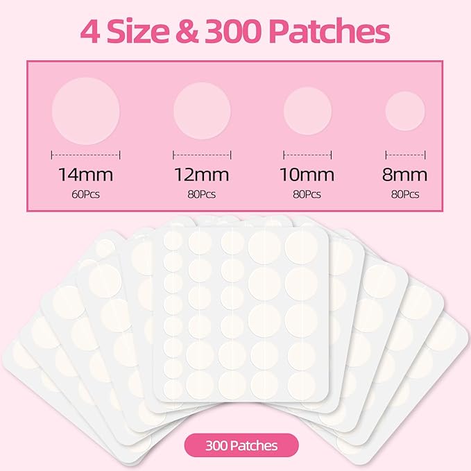 Pimple Patches for Face, 300pcs 4 Size Hydrocolloid Acne Patches for Covering Zits and Blemishes, Hydrocolloid Patch with Salicylic Acid, Tea Tree Oil and Calendula Oil