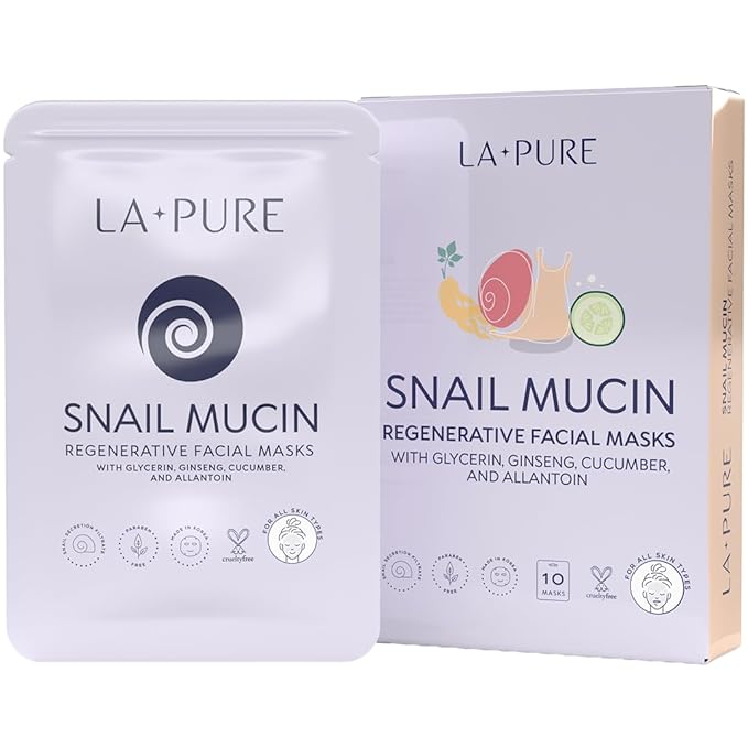 Snail Mucin Mask – 10ct Korean Sheet Mask Pack for Signs of Aging, Aid Skin Repair & Hydration – Pure Snail Mask for Face with Collagen & Hyaluronic Acid – Cruelty-Free Hydrating Sheet Mask