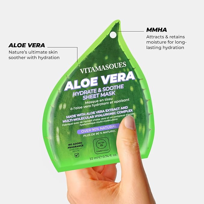 Vitamasques Aloe Vera Face Sheet Mask, Hydrating + Soothing, Sheet Mask Combined to Repair and Nourish the Facial skin (Pack of 3)