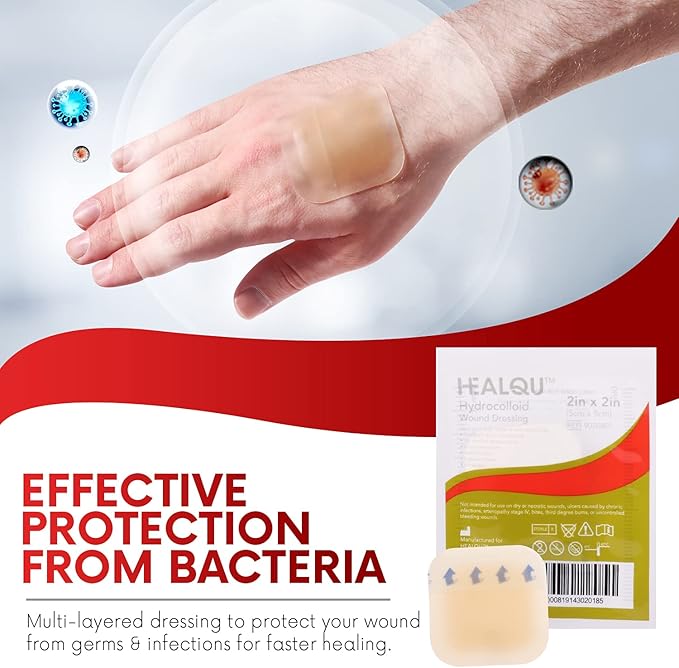 Healqu Hydrocolloid Wound Dressing - 2x2" Thin - Box of 20 Large Bandages - Sterilized Bordered Hydrocolloid Patches for Bed Sores, Abrasions, and More - Waterproof and Absorbent with Protective