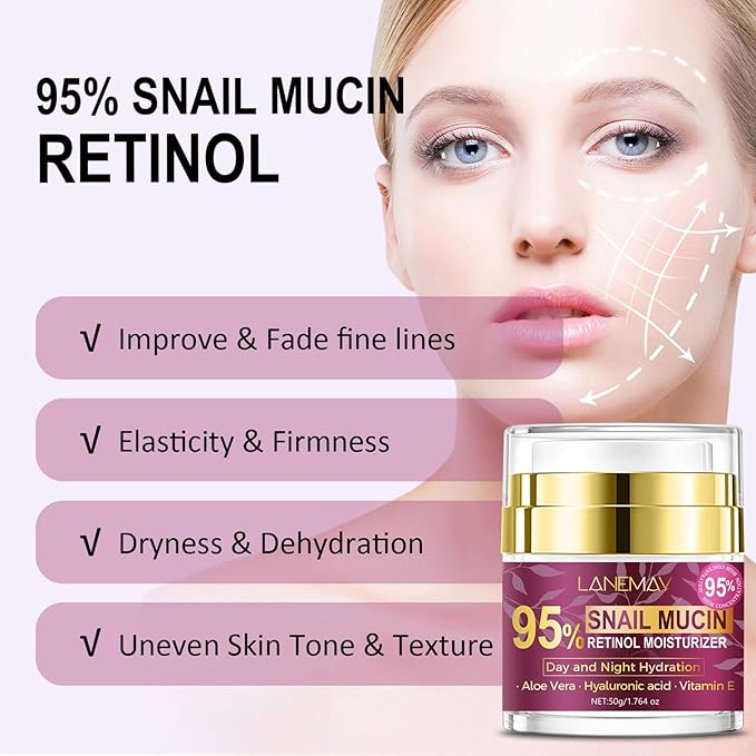 95% Snail Mucin Retinol Cream, Snail Repair Cream for Improving Fine Lines & Dryness, Skin Elasticity, Day and Night Hydration with Aloe Vera, Hyaluronic and Vitamin E, 1.76 Oz