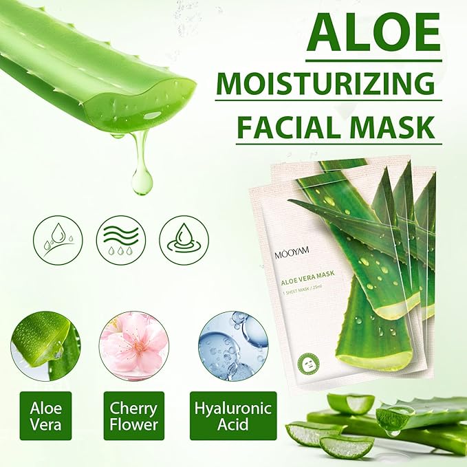 Facial Masks Skincare for Women,Aloe Vera Moisturize Face Mask Sheet for Girl,Hydrating Face Mask for All Skin Types,Dry Skin & Sensitive Skin (10-Packs)
