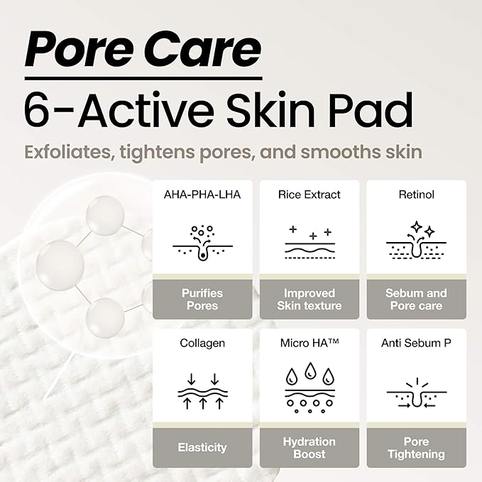 Pore 55% Skin Texure Pad – AHA BHA LHA, Retinol & Rice Extract for Enlarged Pores, Textured Skin, Sebum Control, Exfoliating Toner Pads for Glass Skin, Non-Irritating, Korean Skincare(60ct)