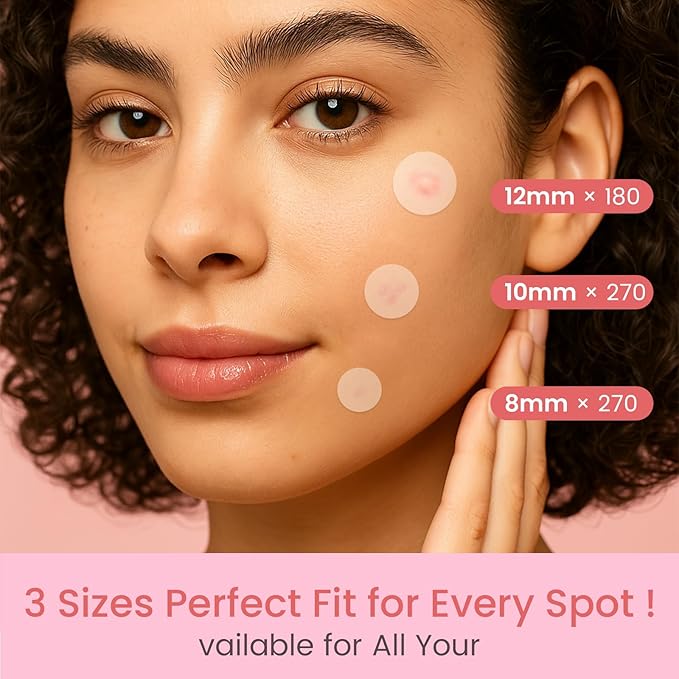 AUSLKA Pimple Patch Bulk, 720 Pimple Patches for Face, Hydrocolloid Spot Patch Stickers for Zits& Blemishes, Suitable for Body, Cheek, Forehead, Chin and Back (8mm, 10mm,12mm)