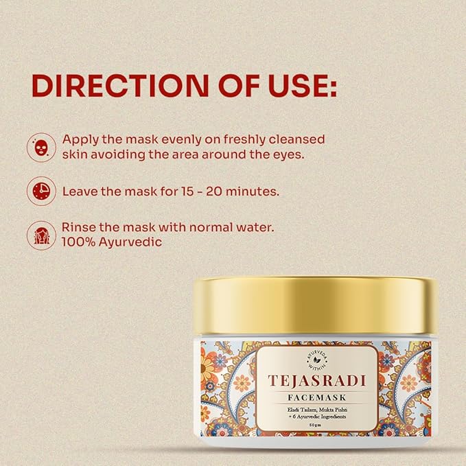 Tejasradi Face Mask | Ayurvedic Face Mask for Radiant Skin | Helps Even Skin Tone & Reduce Tanning | Enriched with Turmeric, Baheda, Sesame Oil & Red Sandalwood | 100g