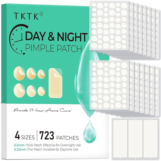 TKTK Bulk Pimple Patches for Face, 723 Patches 4 Size Acne Patches Day and Night, Hydrocolloid Patch Thin & Thick Pimple Stickers for Covering Zits, Blemishes and Breakouts