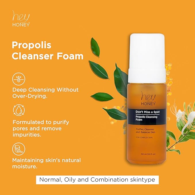 Hey Honey Skincare Propolis Facial Cleanser Foam Formula that Replenishes Skin Barrier | Gentle Face Wash for Oily, Acne-Prone & Sensitive Skin | Natural Ingredients, Non-Comedogenic | 5 oz