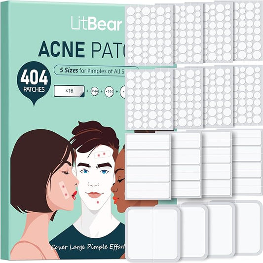 LitBear Large Pimple Patches, (5 Sizes 404 Counts) Big Acne Patches, Big Hydrocolloid Bandages for Body, Back, Face, and Chest, Zit Patches for Large Breakouts, Hydrocolloid Patch (XL Strip, Square)