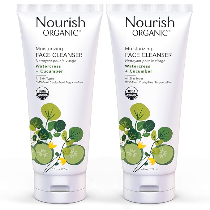 Nourish Organic Moisturizing Face Cleanser for All Skin Types, Watercress + Cucumber Face Wash, Fragrance-Free, 6 Oz (Pack of 2)