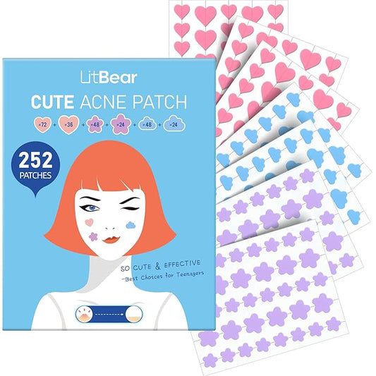 LitBear Acne Pimple Patch, 252 Dots 3 Shaped Colors Pimple Patches with Salicylic Acid, Tea Tree Oil & Calendula Oil, Hydrocolloid Acne Patch for Face, Blemish, Cute Zit Patch Pimple Sticker Acne Dots