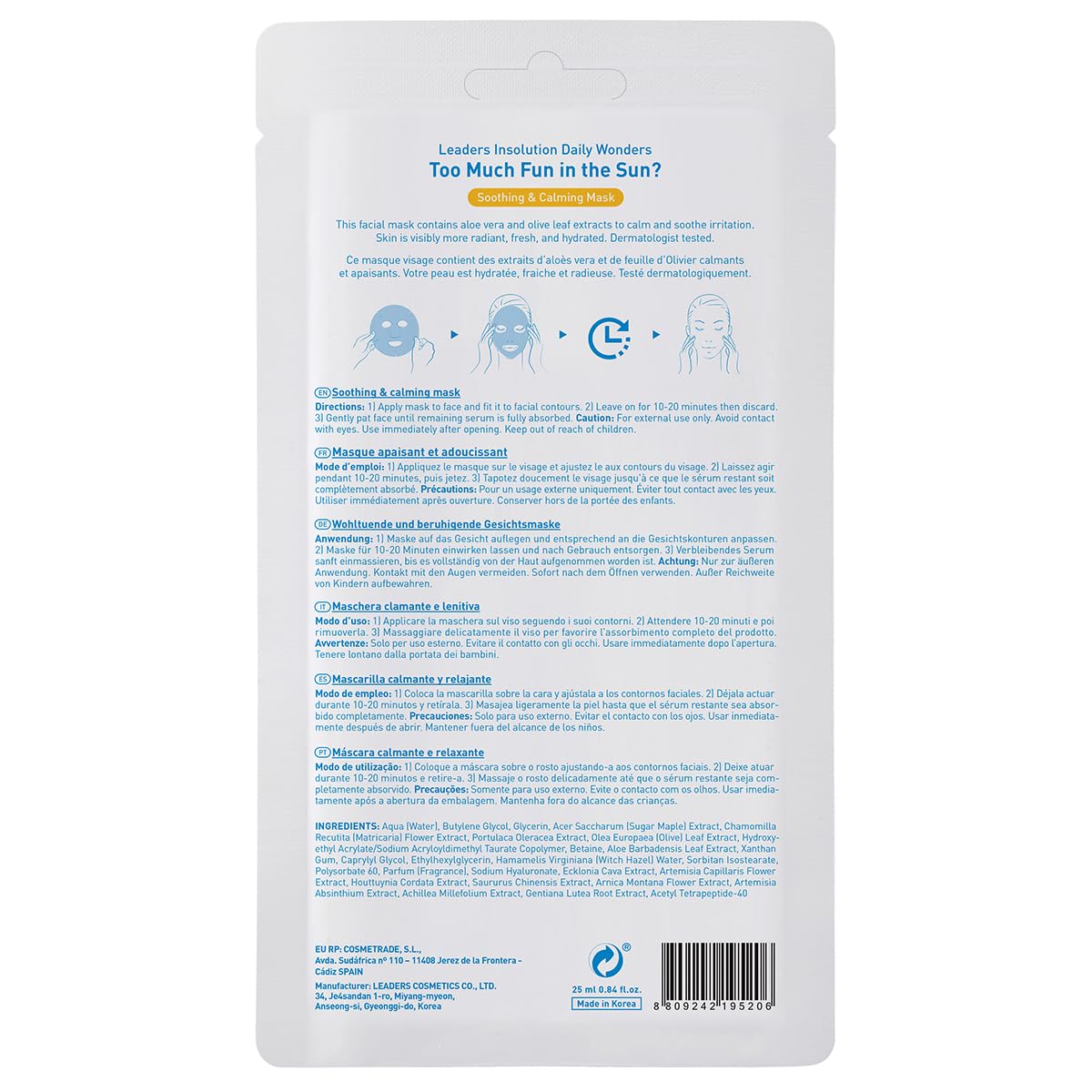 Leaders Insolution Daily Wonders Too Much Fun in the Sun? Facial Mask Sheet Soothing and Calming Hydrating Korean Skincare (10 Sheets)