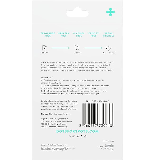 Dots for Spots Pimple Patches For Face - Fast Acting, Translucent Hydrocolloid Zit Patches that Unclog Pores - Korean Skincare - Vegan, Cruelty Free - (60 count)