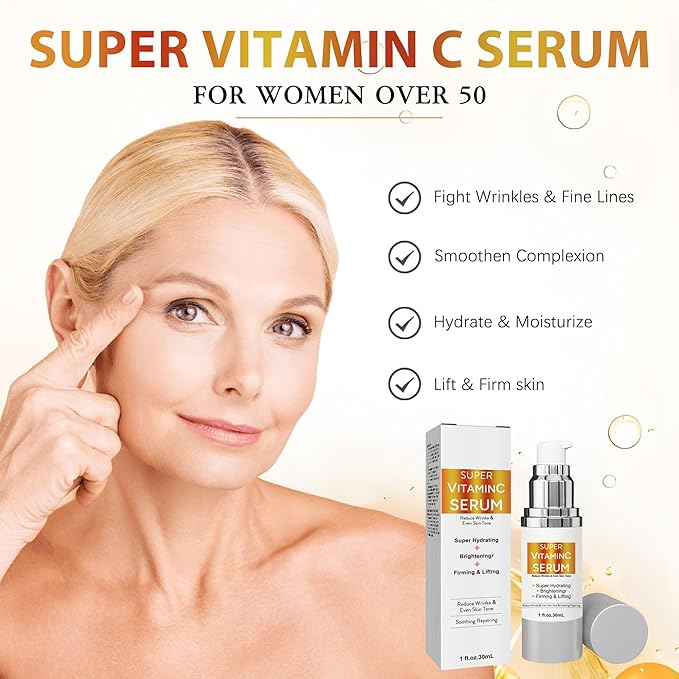 Super Vitamin C Serum for Women Over 70: Advanced Anti-Aging Vitamin C, Niacinamide, Vitamin E & Caffeine Formula,Hydrates, Firms, Lifts, Targets Wrinkles & Dark Spots, 1.0 fl. oz.