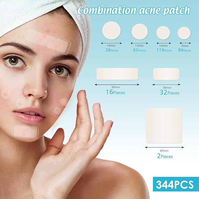 Large Pimple Patches Acne Patches hydrocolloid Bandages for Face Forehead Chin Body Chest Back Blemish Patch with Multiple Sizes (344pcs)